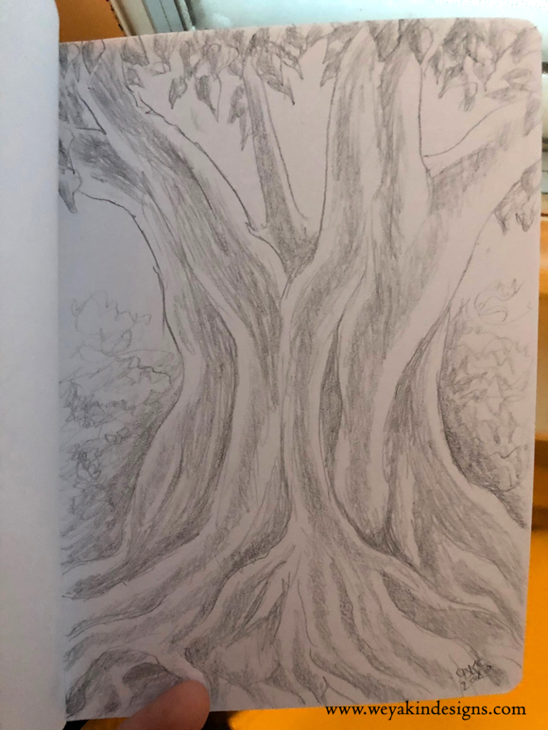 A morning sketchbook pencil drawing of a Bodhi Tree, or Sacred Fig Tree.