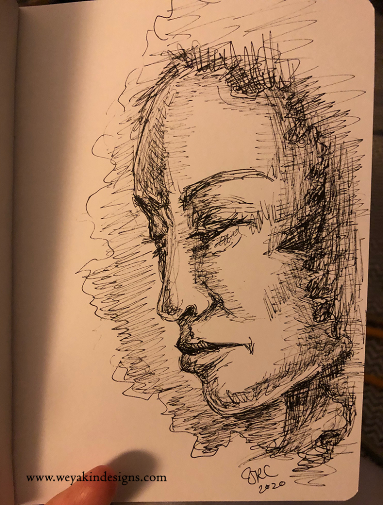 A morning sketchbook drawing of a tired mother in pen.