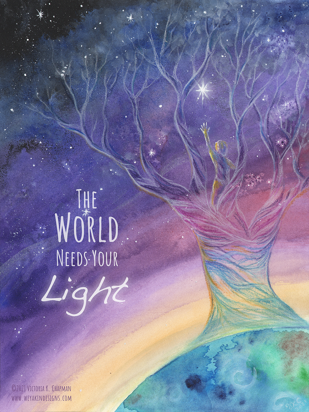 "The World Needs Your Light" original celestial tree matted art print.