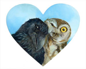 "Owl Be Yours" owl and crow painting by Kristin Richland of Sweet Enemy Art.