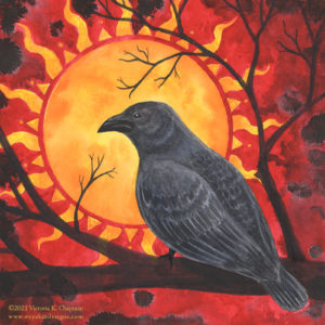 "Sun of Corvus" art by Victoria K. Chapman. A black crow perches on a branch in front of a blazing sun and red sky.