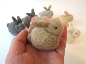 Handmade up-cycled fabric rabbit toy by Wee Things Fiber Arts.