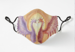 "Phoenix Hearts" fitted face mask on RedBubble by Weyakin Designs.