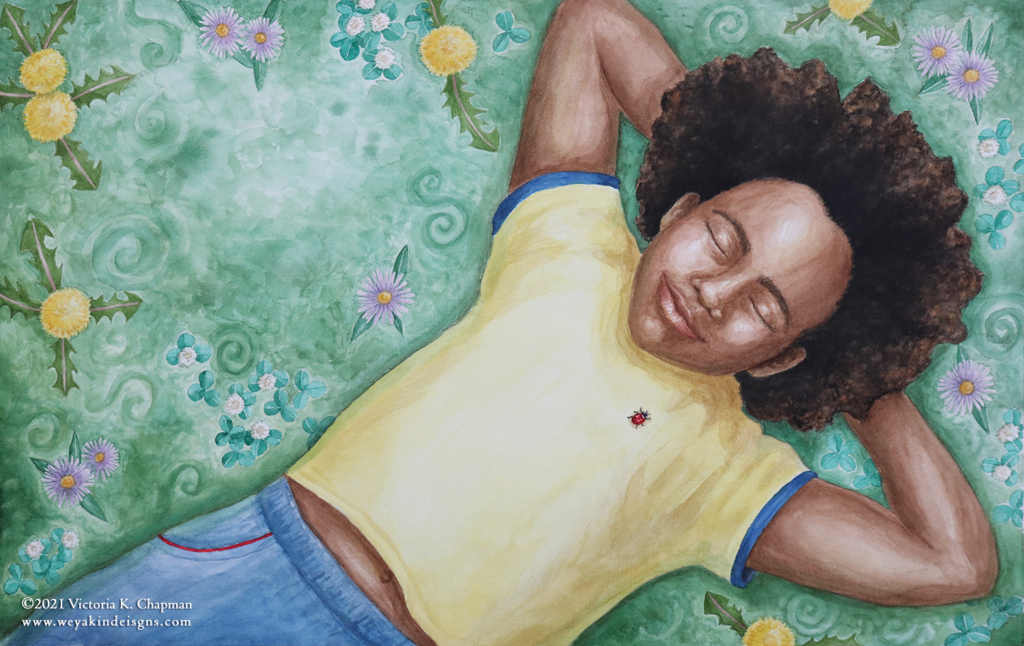 Watercolor and colored pencil illustration by Victoria K. Chapman. A smiling Black child lies in the grass among dandelions, asters, and clover with a ladybug on their shirt.