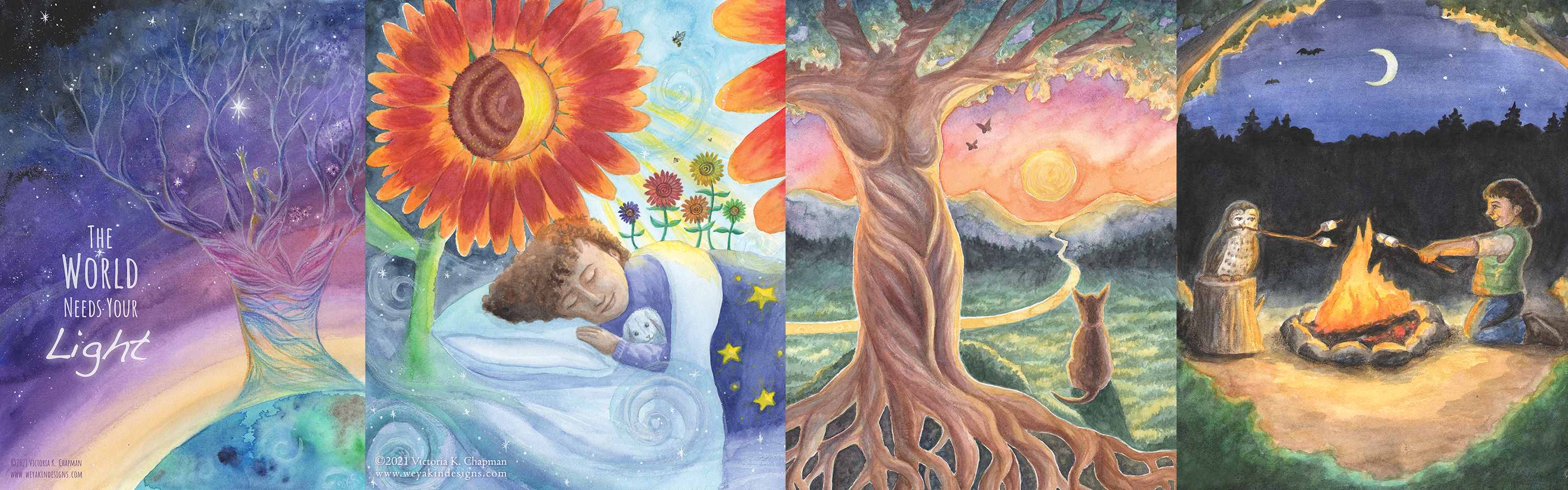 Original watercolor mixed-media art by illustrator Victoria K. Chapman. A banner with four flowing colorful paintings of nature, animals, and children.
