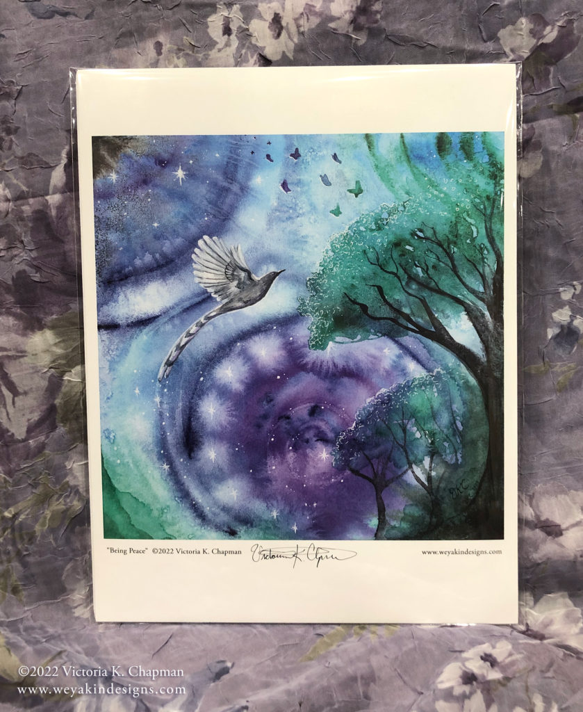 "Being Peace" original art print by Victoria K. Chapman. Photo of the art print on 8.5x11 inch stock in plastic protective sleeve, signed by the artist.