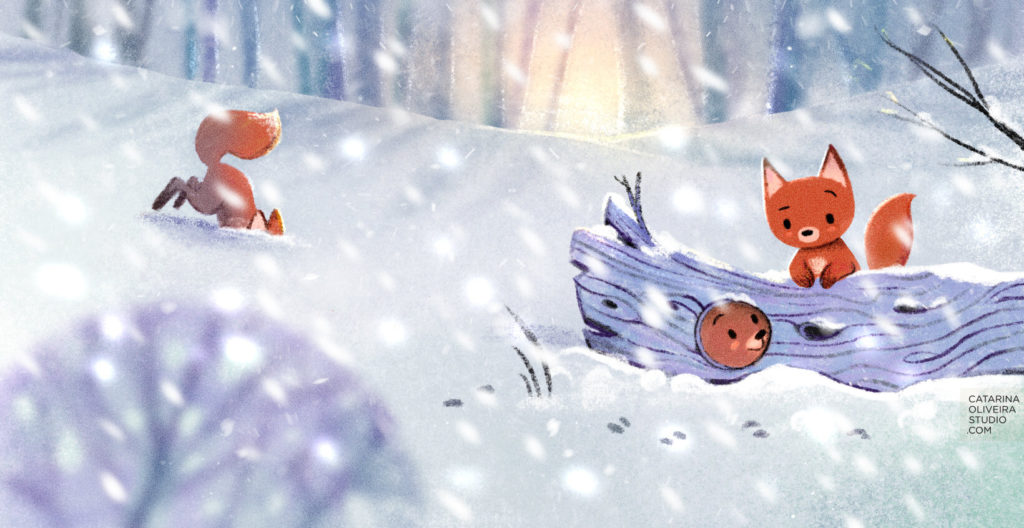 An illustration of foxes playing in the snow, illustrated by Catarina Oliveira