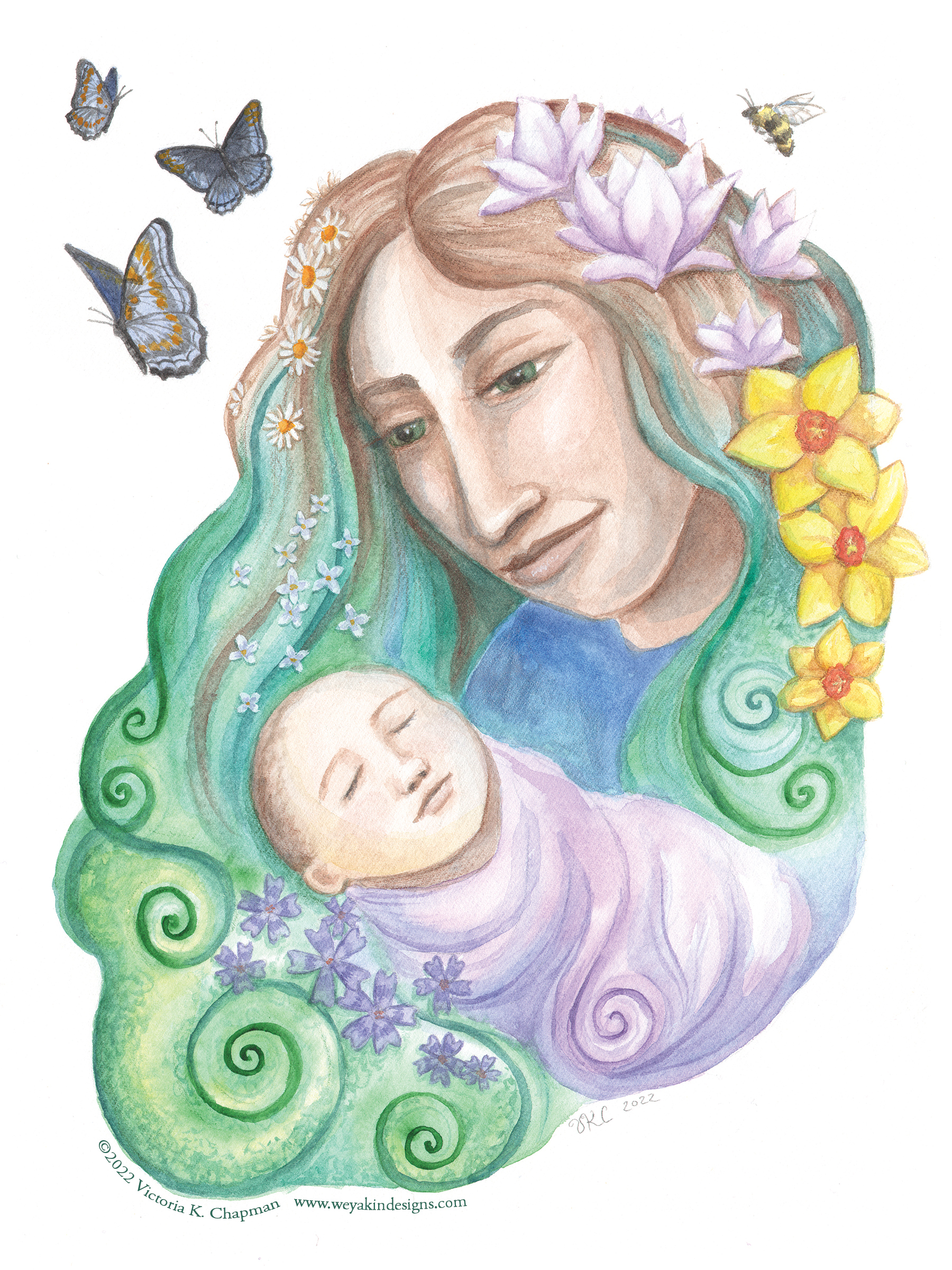 A watercolor mixed-media illustration of a young mother gazing lovingly at her newborn baby. Her hair is filled with flowers and butterflies and a bumblebee hover around them. Art by Victoria K. Chapman.