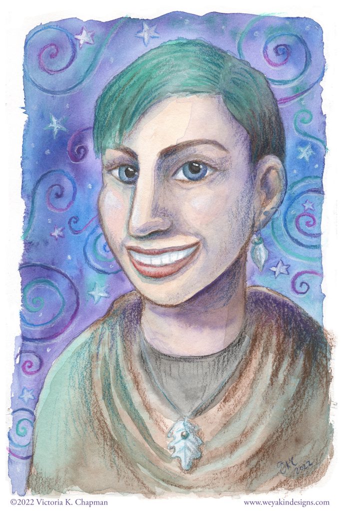 An illustrated self-portrait of artist Victoria K. Chapman. She smiles at the viewer with blue eyes and turquoise hair. The background is purple and blue with swirls and stars.