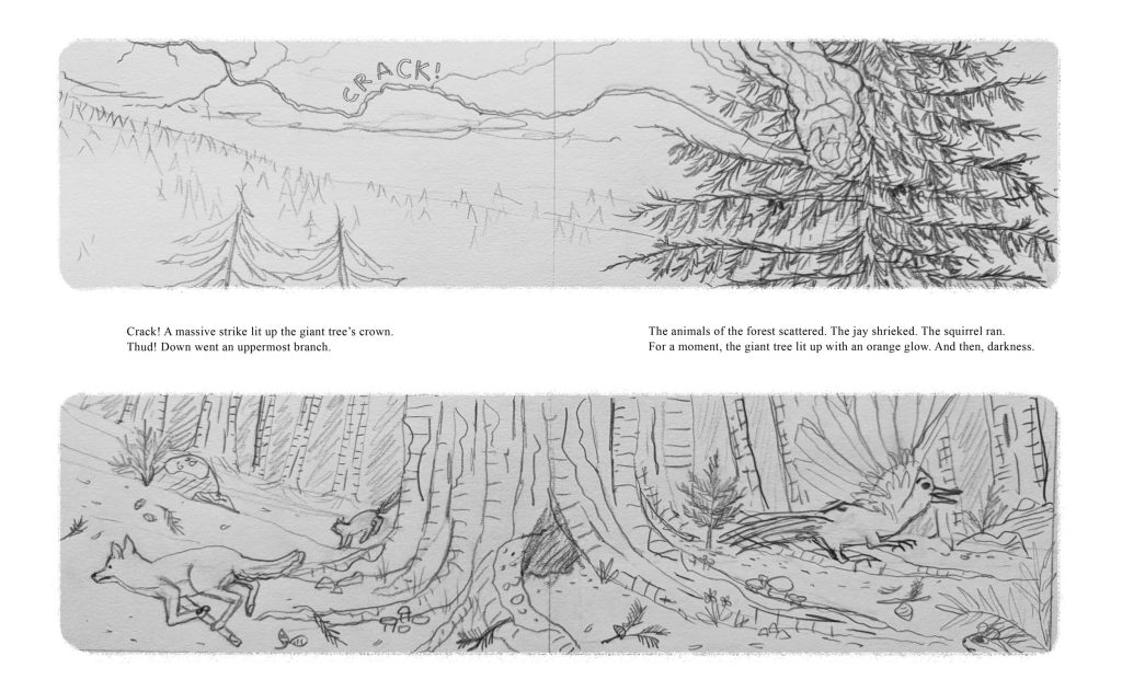 A double page spread of dummy book sketches from the book, Listen to the Language of the Trees. Lightening strikes across the sky and hits a tree. On the lower panel, animals scatter across the forest floor. Illustrated by Marie Hermansson.