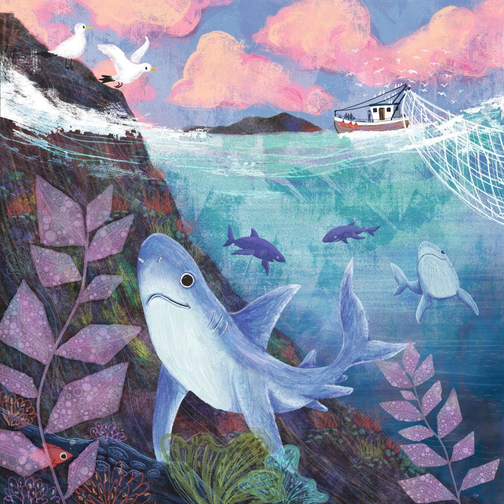 An illustration of sharks underwater, seagulls overhead, and a fishing boat on the water. Illustrated by Marie Hermansson.