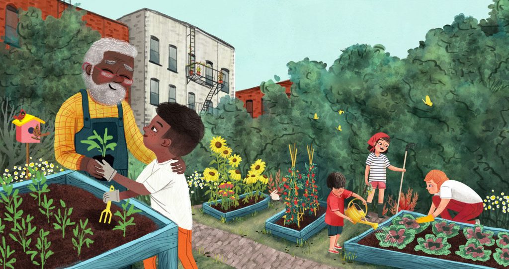 An older man and child work together to plant a seedling in a garden bed in an urban community garden. In the background, another group of people water some kale plants. Illustrated by Marie Hermansson.