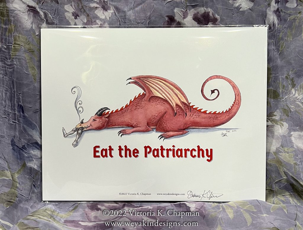 "Eat the Patriarchy" dragon art print shown packaged up and signed.