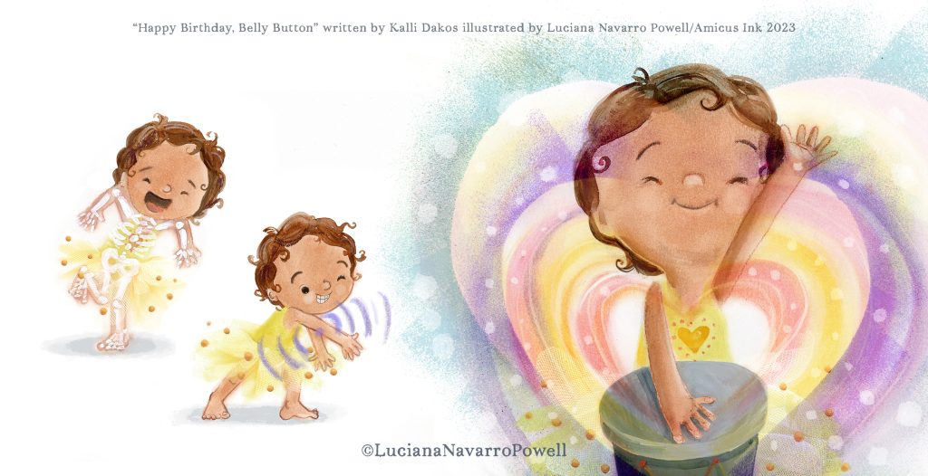 "Happy Birthday, Belly Button" written by Kalli Dakos, illustrated by Luciana Navarro Powell/Amicus Ink 2023. A whimsical illustration of a child moving about and playing a drum excitedly.