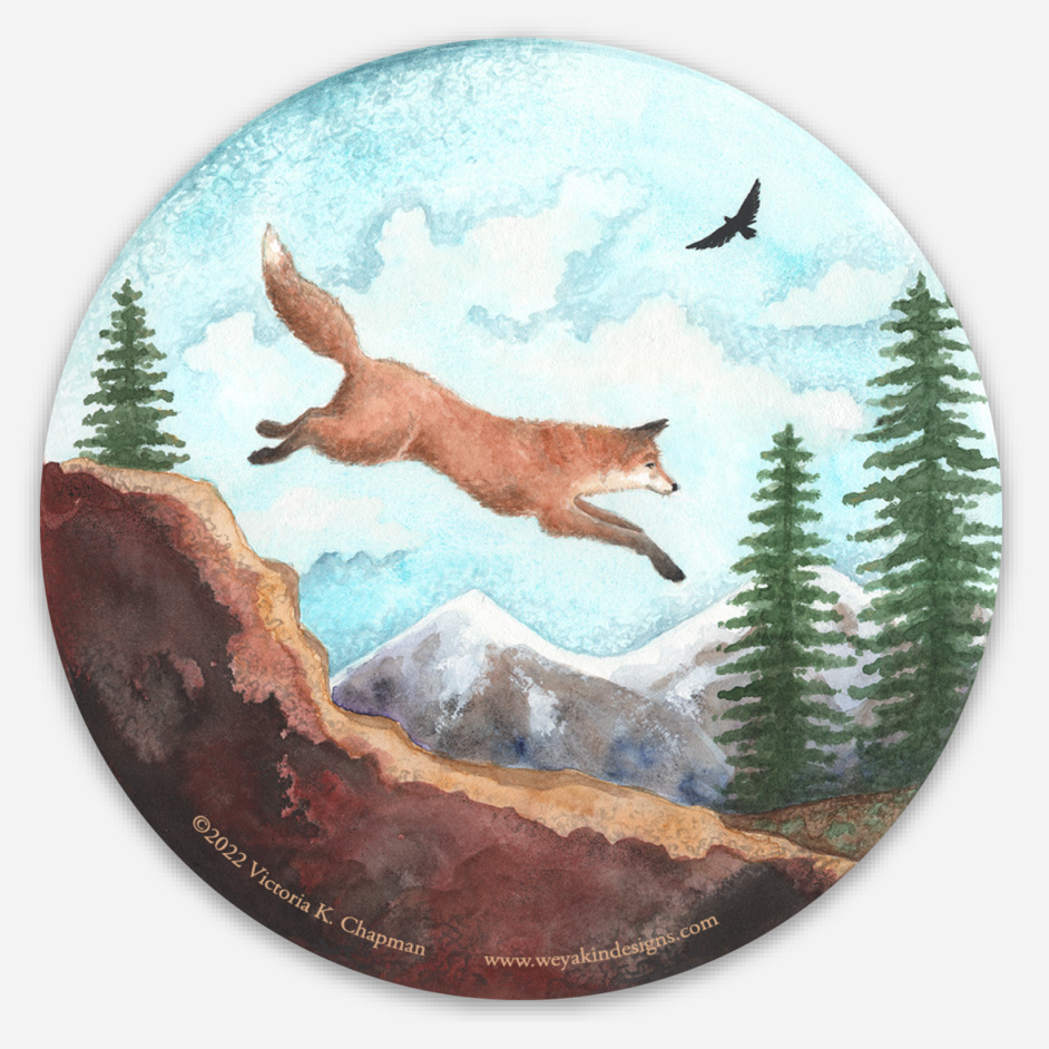 Sierra Nevada Red Fox, Watercolor Art Circle Vinyl Sticker (3x3")