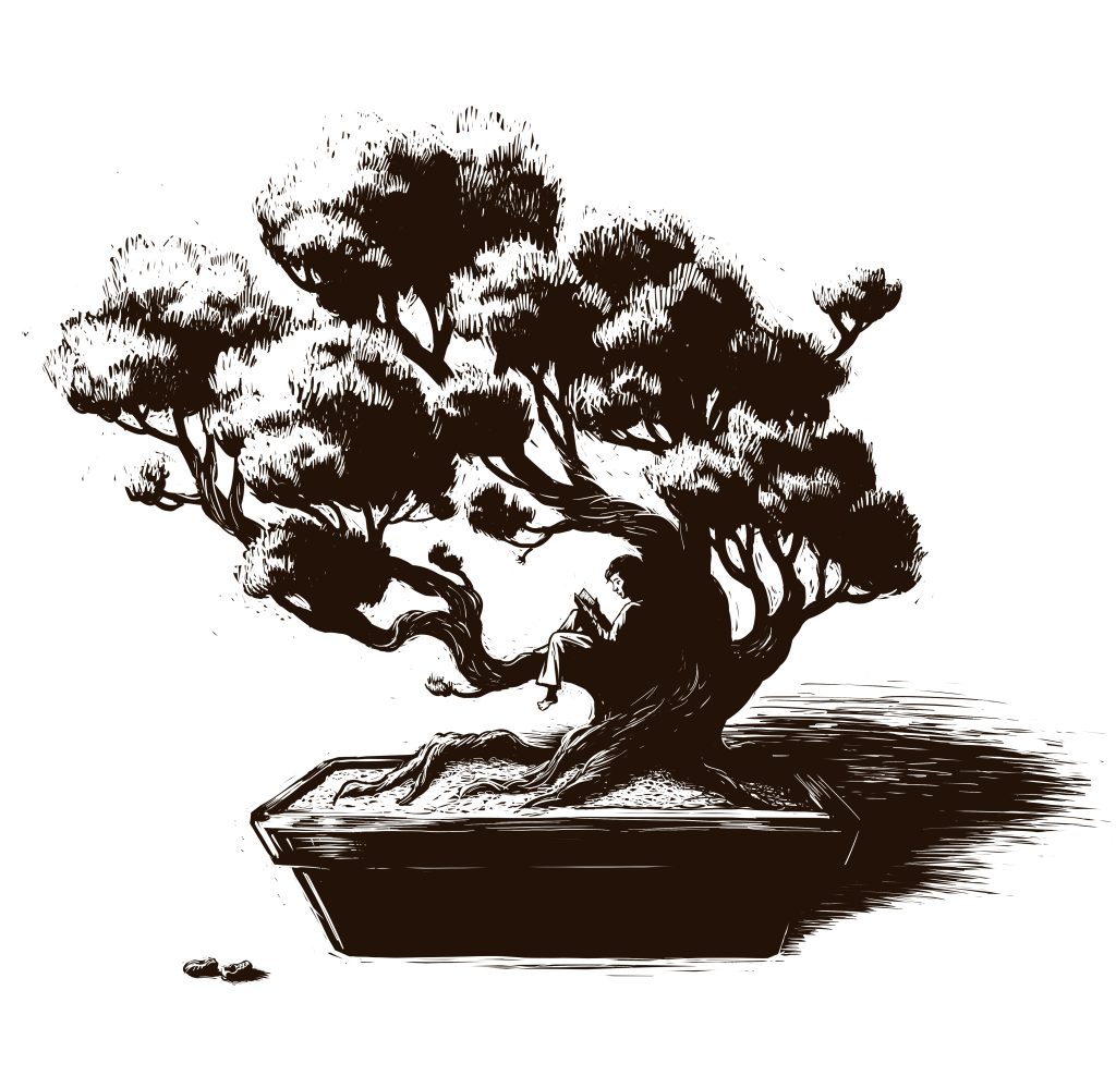 A black and white illustration of a bonsai tree with somebody reading a book while lying on a branch. Art by Sarah LuAnn Perkins.