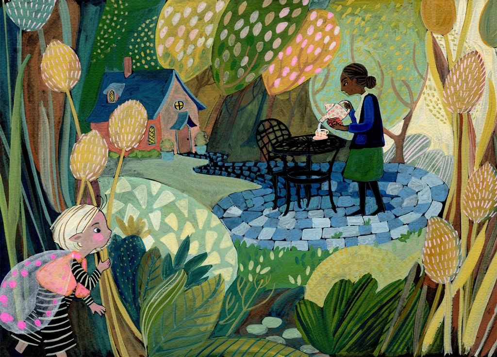 A fairy peers out from behind some plants, watching a woman pouring tea from a pink polk-a-dot tea pot in a garden. The woman stands at a block iron table and chair on a blue brick patio. There is a small house in the background. The art is whimsical and colorful in greens and blues. Illustration by Heather Brockman Lee.