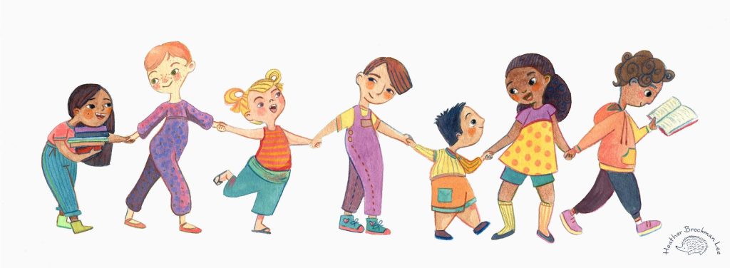 An illustration of different children of all shapes, sizes, and colors holding hands. One child at the front is reading a book. Art by Heather Brockman Lee.