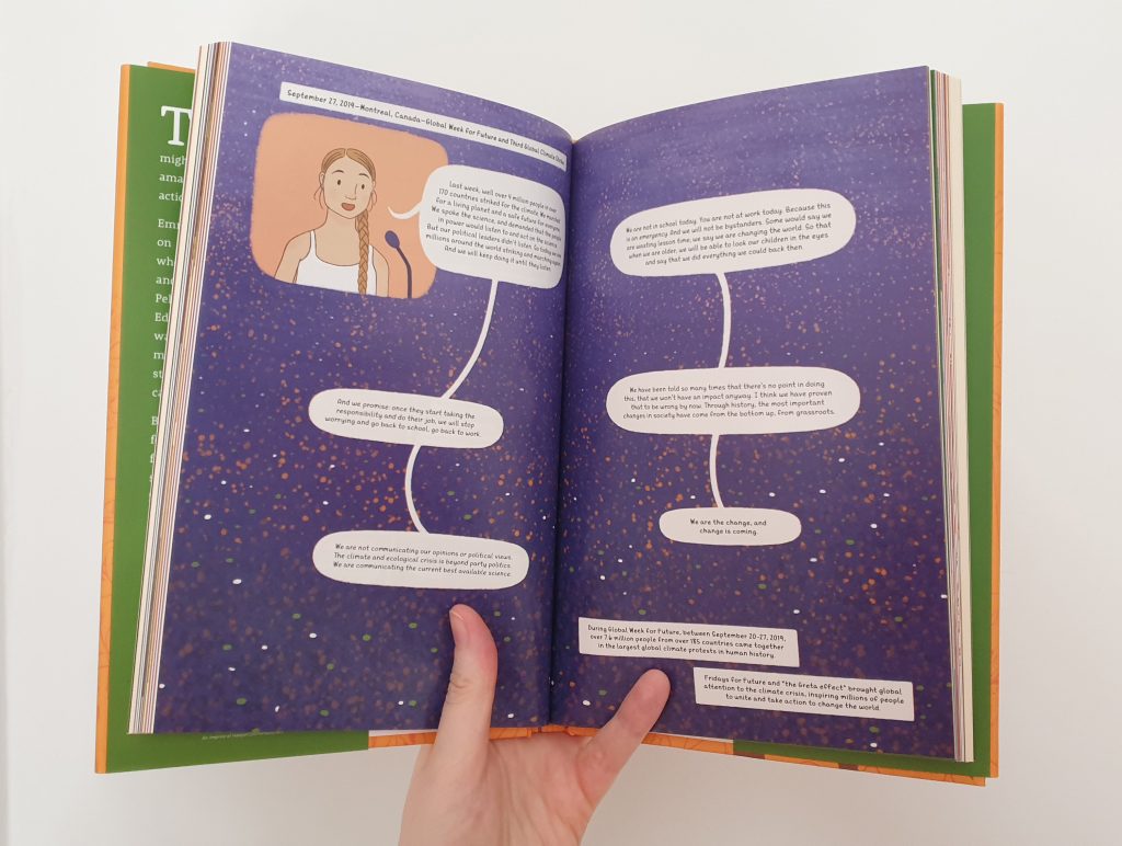 Greta Thunberg comic biography – Global Week for Future spread, written and illustrated by Emma Reynolds.