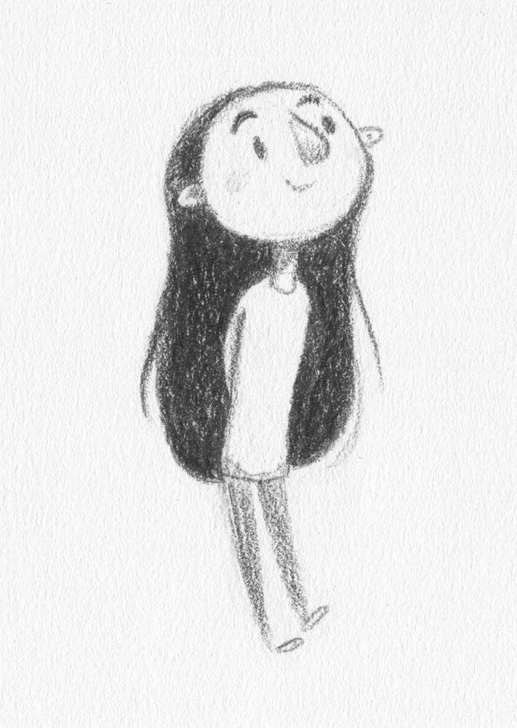 A pencil sketch of a child with long, dark hair, smiling, and standing with her hands behind her back. By Emma Reynolds.