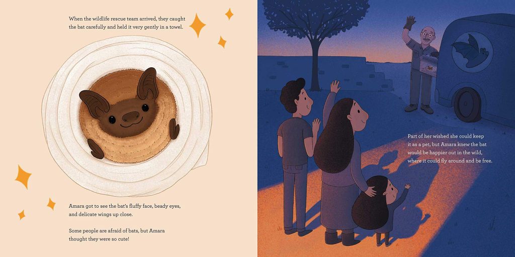 Two pages of AMARA AND THE BATS by Emma Reynolds. On the left is an illustration of a little bat wrapped in a towel. On the right is Amara and her family waving to a man with a wildlife rescue truck.