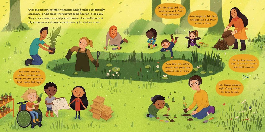 A full-page illustrated spread from AMARA AND THE BATS by Emma Reynolds. Different children and grown-ups together are planting trees and plants and setting up various things to help with bat habitat. There is text about how the people made the environment more bat-friendly.