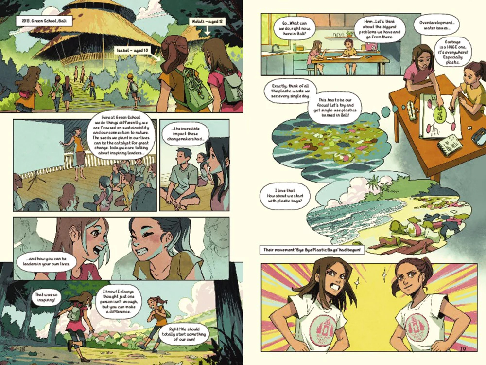 Melati and Isabel Wijsen comic biography, written by Emma Reynolds and illustrated by Ann Maulina.