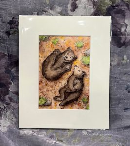 "Bear Cubbing Around" Black Bear Cubs Watercolor and Pen Illustration 5x7" Signed Matted Digital Art Print
