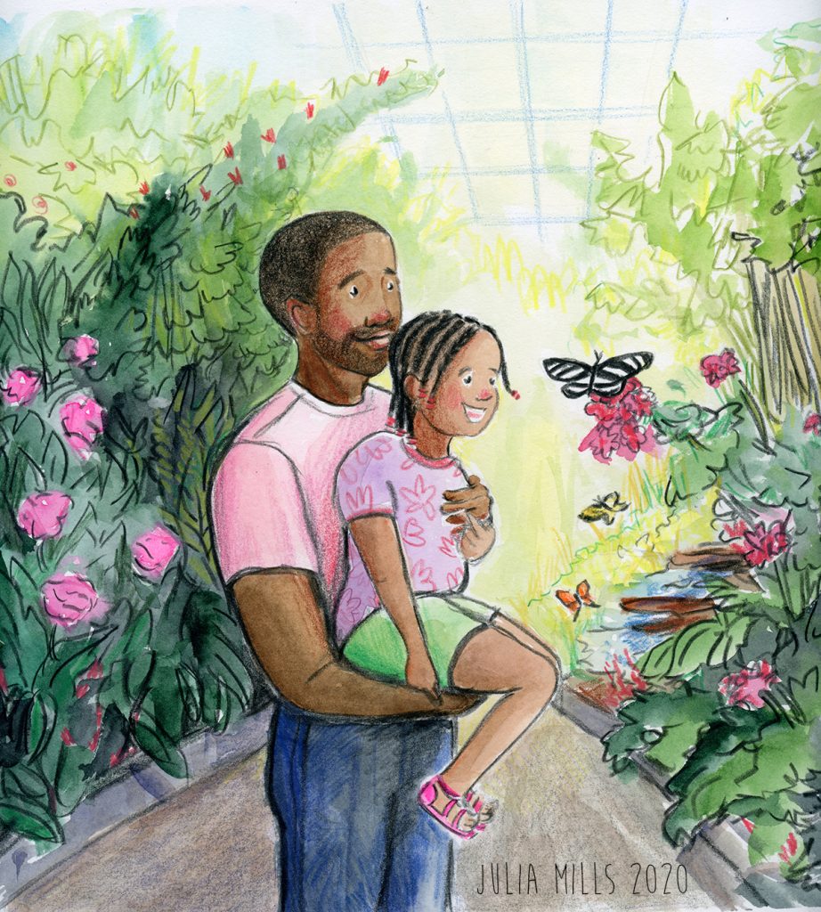 A Black man holds his smiling daughter up to look at a butterfly on a red flower in a garden. Art by Julia Mills.