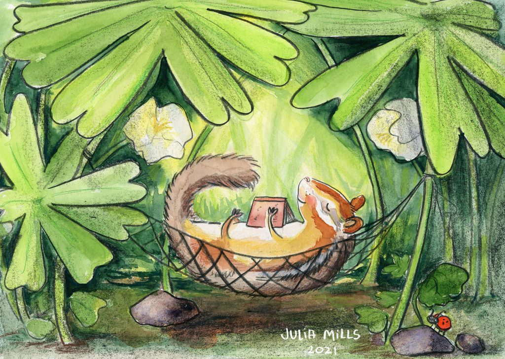 A chipmunk lounges on their back in a hammock while holding a book under big green leaves. A ladybug peaks from a rock in the corner. Art by Julia Mills.