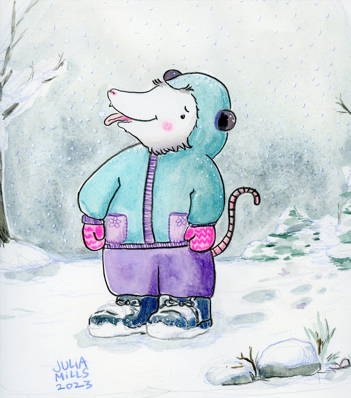 A possum sticks their tongue out in the snow, wearing a blue and purple snow suit. Art by Julia Mills.