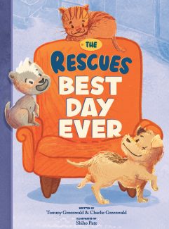 The book cover for THE RESCUES BEST DAY EVER. Two dogs and a cat climb on a big orange armchair.