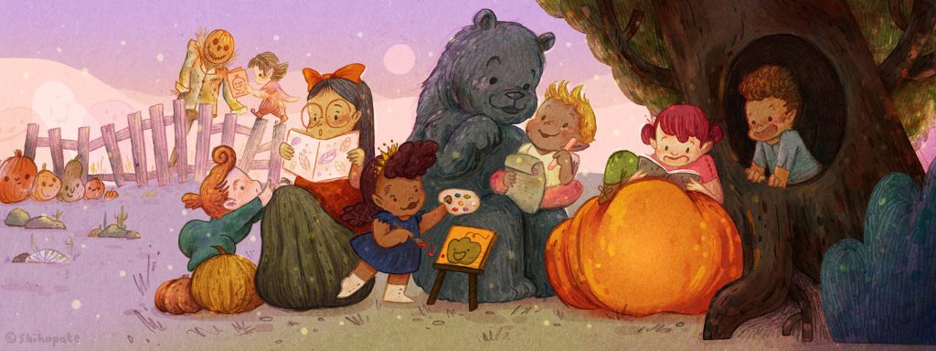 An illustration by Shiho Pate of children reading, writing, and painting outdoors under a tree with pumpkins and fall decorations all around.