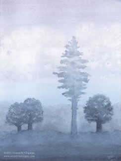 A misty watercolor scene of trees in a blue glow of morning. A taller pine tree stands above the rest. Art by Victoria K. Chapman. www.weyakindesigns.com